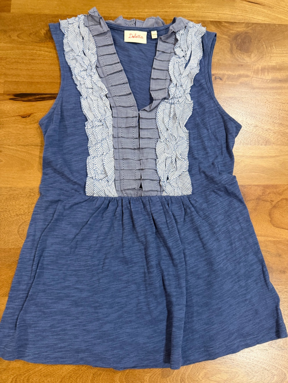 Deletta Navy Blue Ruffle and Pleated V-Neck Tank Size XS
